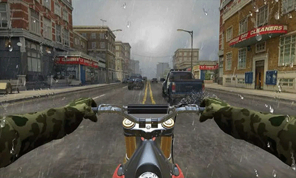 赛车模拟器游戏画面展示，摩托车在赛道上飞驰