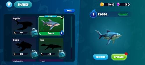 《饥饿鲨史前世界》游戏结束结算界面，展示获得的金币与经验