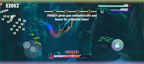 《饥饿鲨史前世界》游戏画面，展示鲨鱼正在加速冲刺吞噬鱼群