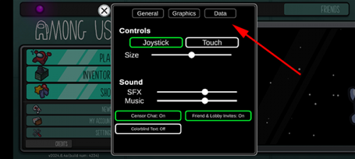 在我们之间游戏设置菜单中，选择Data选项卡的界面截图
