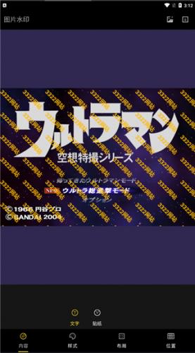 果仁相册水印添加功能预览界面，展示文字和贴纸效果