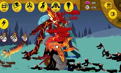 火柴人战争2游戏画面，展示多种火柴人兵种同屏战斗的激烈场景