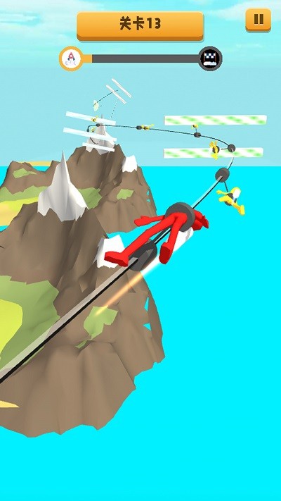 突飞猛进游戏截图，展示卡通角色在多彩天空赛道飞行的场景