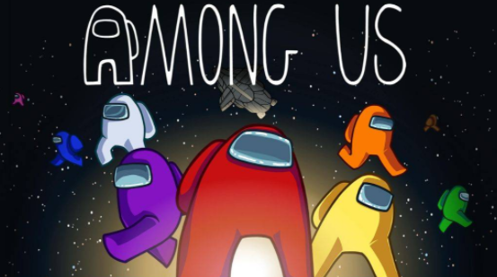 《Among Us》游戏画面，展示卡通风格的宇航员角色在太空飞船场景中对峙