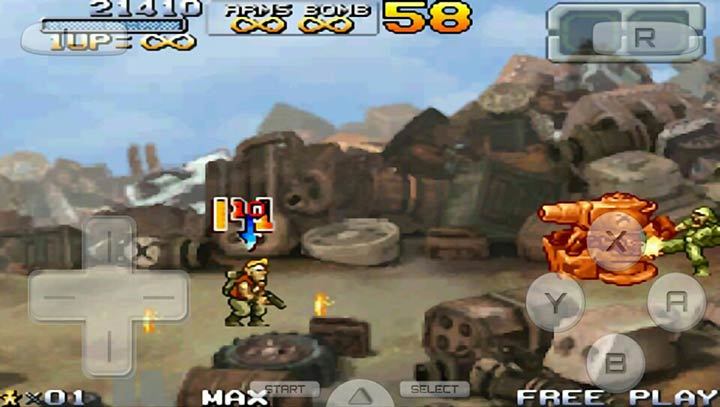 《合金弹头7》游戏实际画面，展示角色使用多样武器与载具战斗的场景