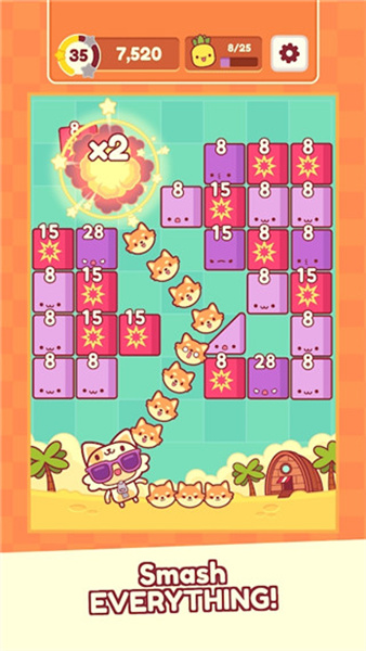 皮皮猫游戏关卡界面展示，猫咪正在被弹射向多彩的方块